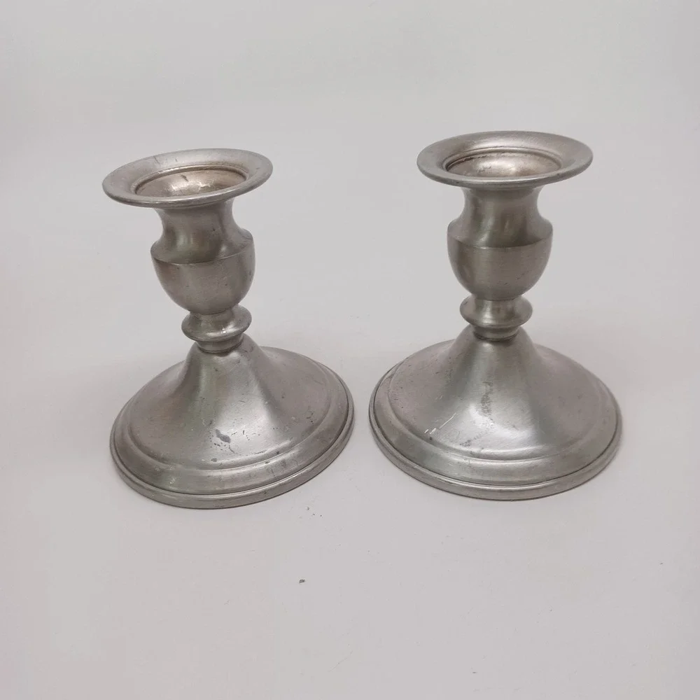 Web Pewter Weighted Candlestick Pair Silver Tone Taper Candle Holders Set of 2